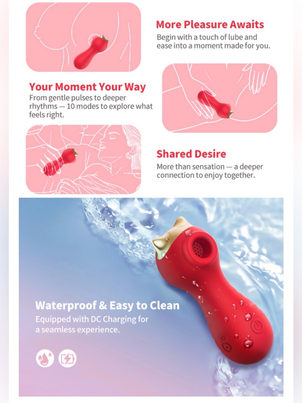 Red Silicone Self-care Massager with Gold Accent - Picture 5 of 5